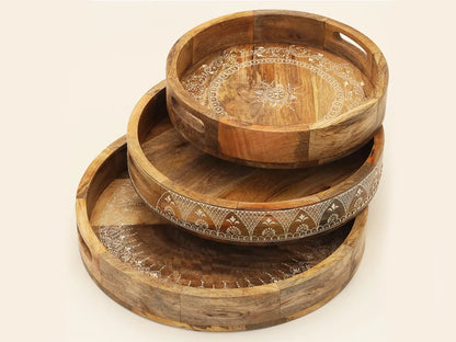 Set of Three Natural Round Solid Wood Floral Indoor Outdoor Handmade Serving Tray With Handles