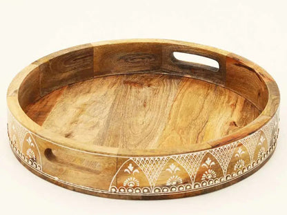 Set of Three Natural Round Solid Wood Floral Indoor Outdoor Handmade Serving Tray With Handles