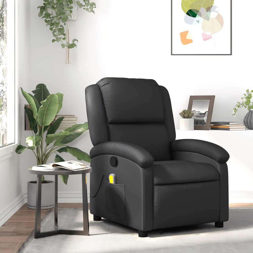 Massage Recliner Chair Black Real Leather