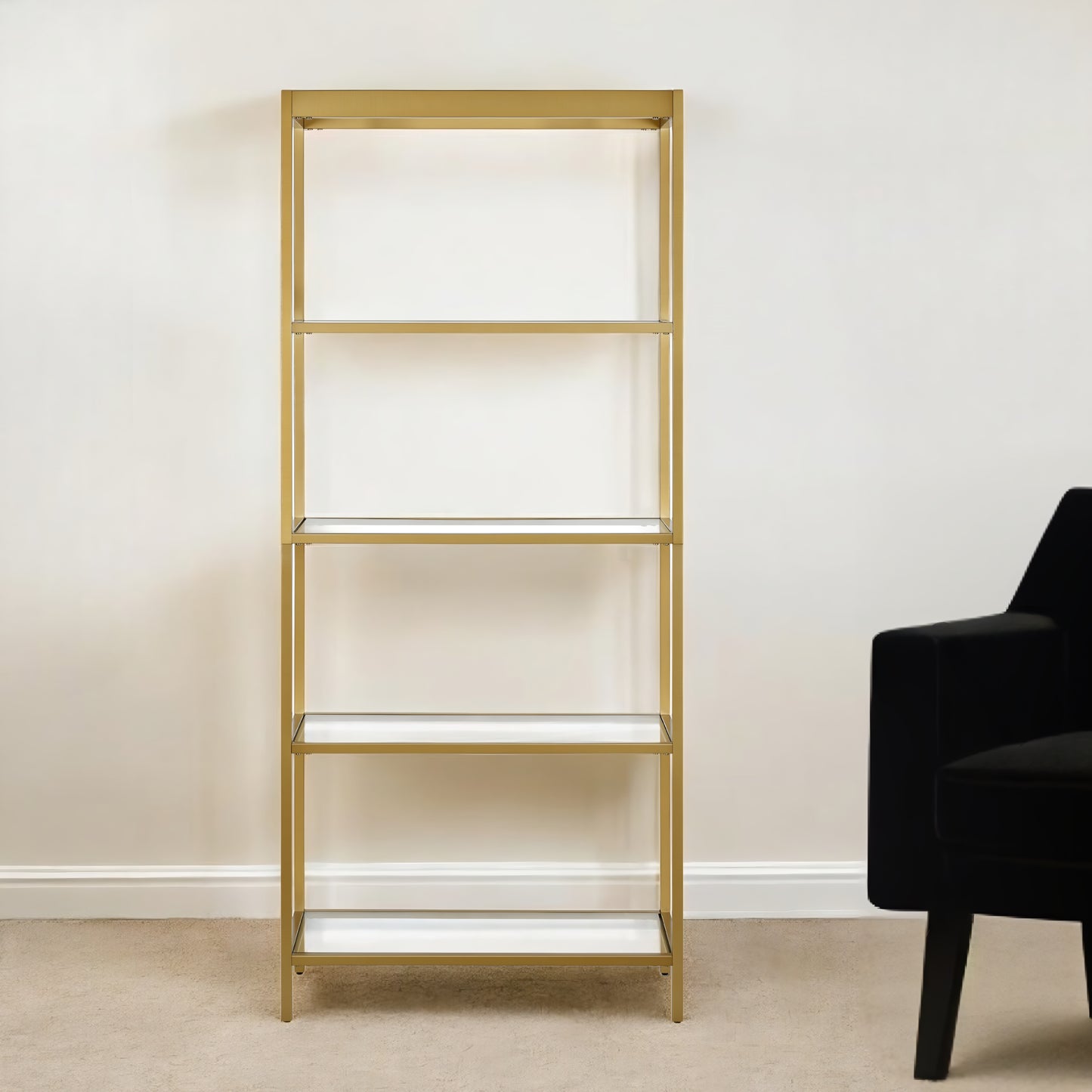 70" Gold Metal and Glass Four Tier Etagere Bookcase