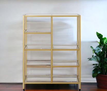 42" Brass Steel and Glass Five Tier Double Bookcase