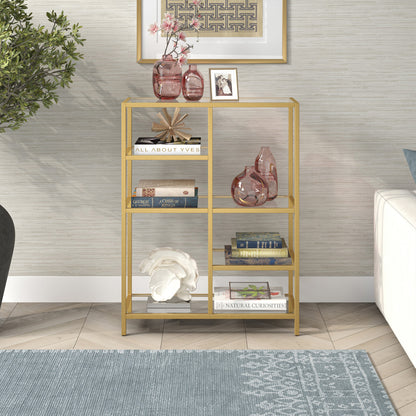 42" Brass Steel and Glass Five Tier Double Bookcase