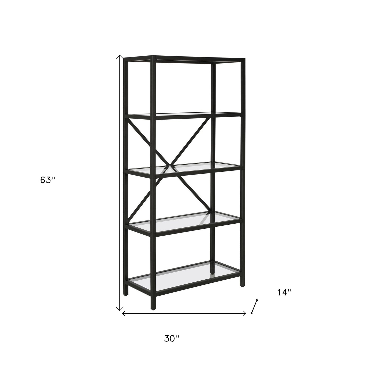 63" Black Metal and Glass Five Tier Etagere Bookcase