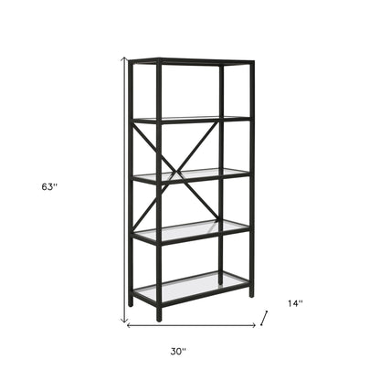 63" Black Metal and Glass Five Tier Etagere Bookcase