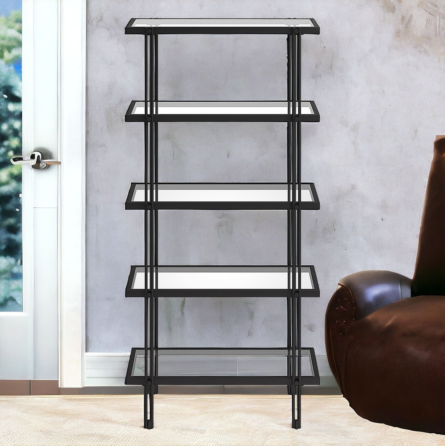 68" Black Metal And Glass Five Tier Standard Bookcase