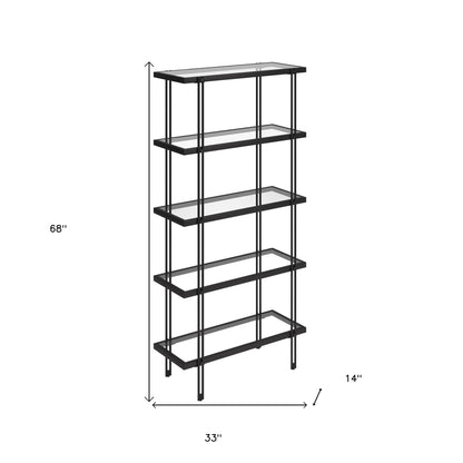 68" Black Metal And Glass Five Tier Standard Bookcase