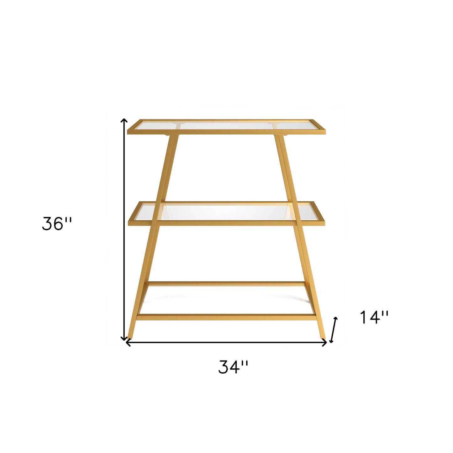 36" Gold Metal And Glass Three Tier Etagere Bookcase