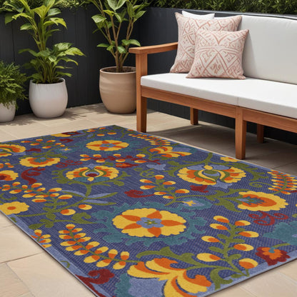 6' X 9' Blue And Yellow Floral Power Loom Area Rug