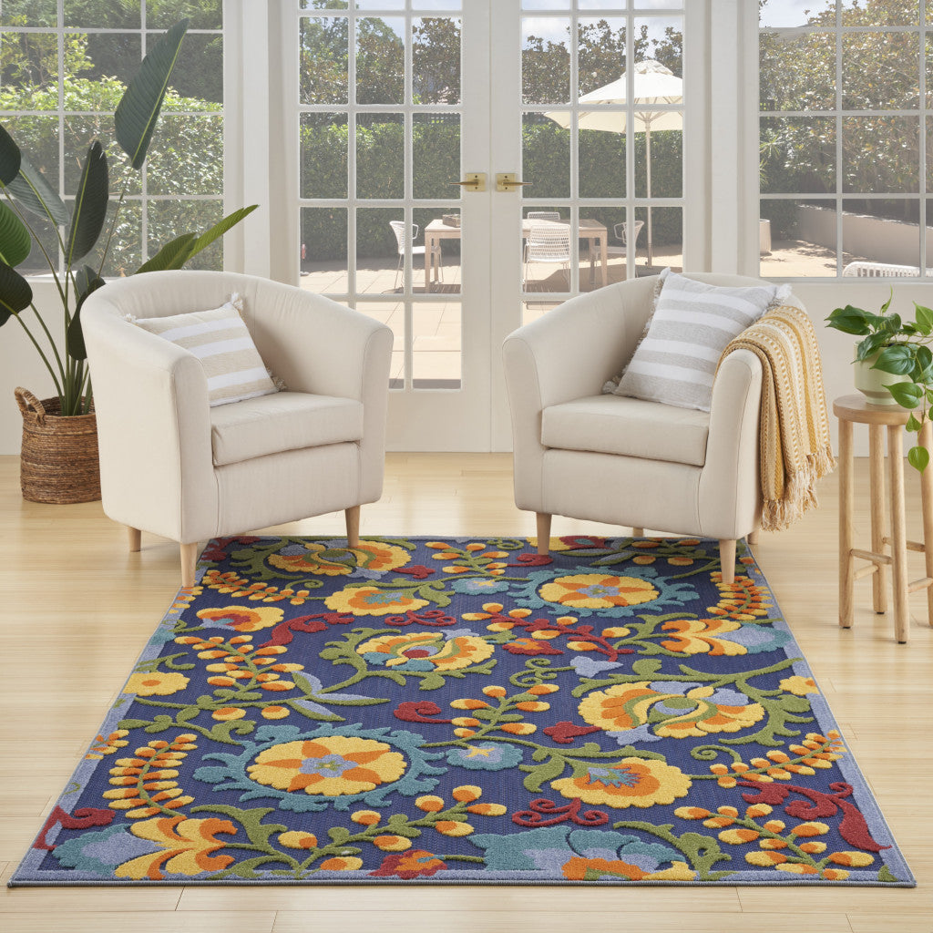 6' X 9' Blue And Yellow Floral Power Loom Area Rug