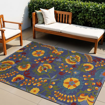 4' X 6' Blue And Yellow Floral Power Loom Area Rug