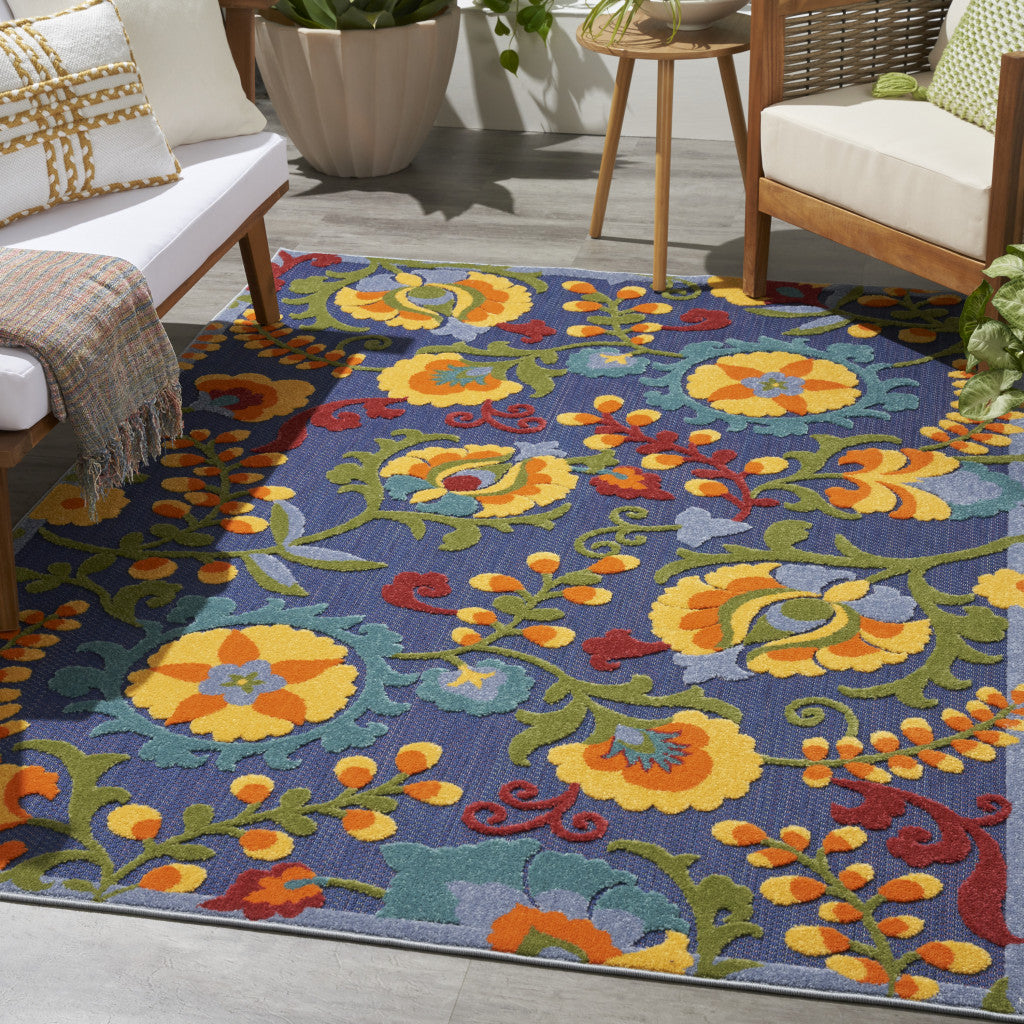 5' X 7' Blue And Yellow Floral Power Loom Area Rug