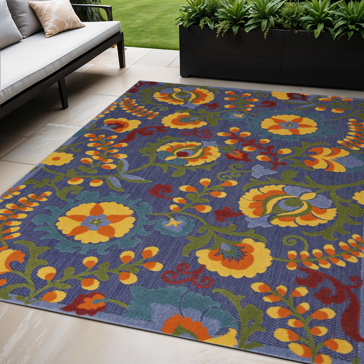 5' X 7' Blue And Yellow Floral Power Loom Area Rug