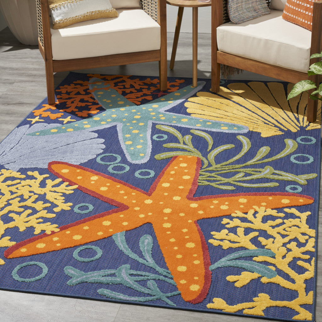 5' X 7' Blue and Orange Starfish Power Loom Area Rug