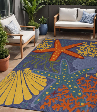 5' X 7' Blue and Orange Starfish Power Loom Area Rug