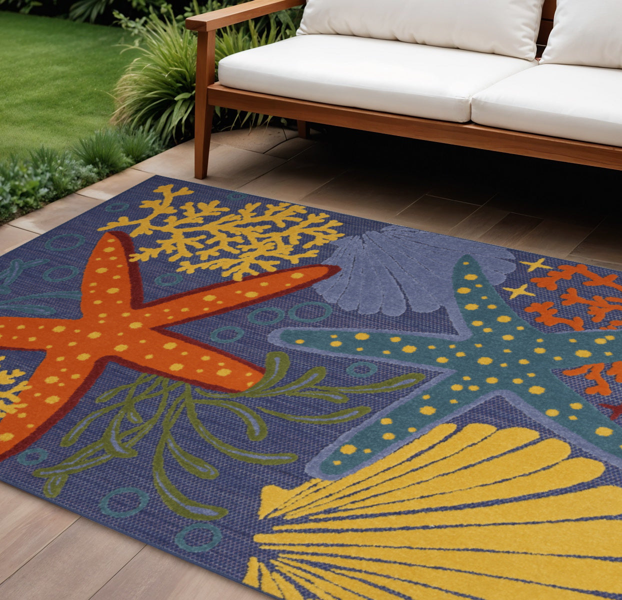 6' X 9' Blue and Orange Starfish Power Loom Area Rug