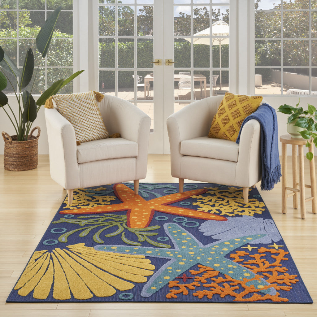 6' X 9' Blue and Orange Starfish Power Loom Area Rug