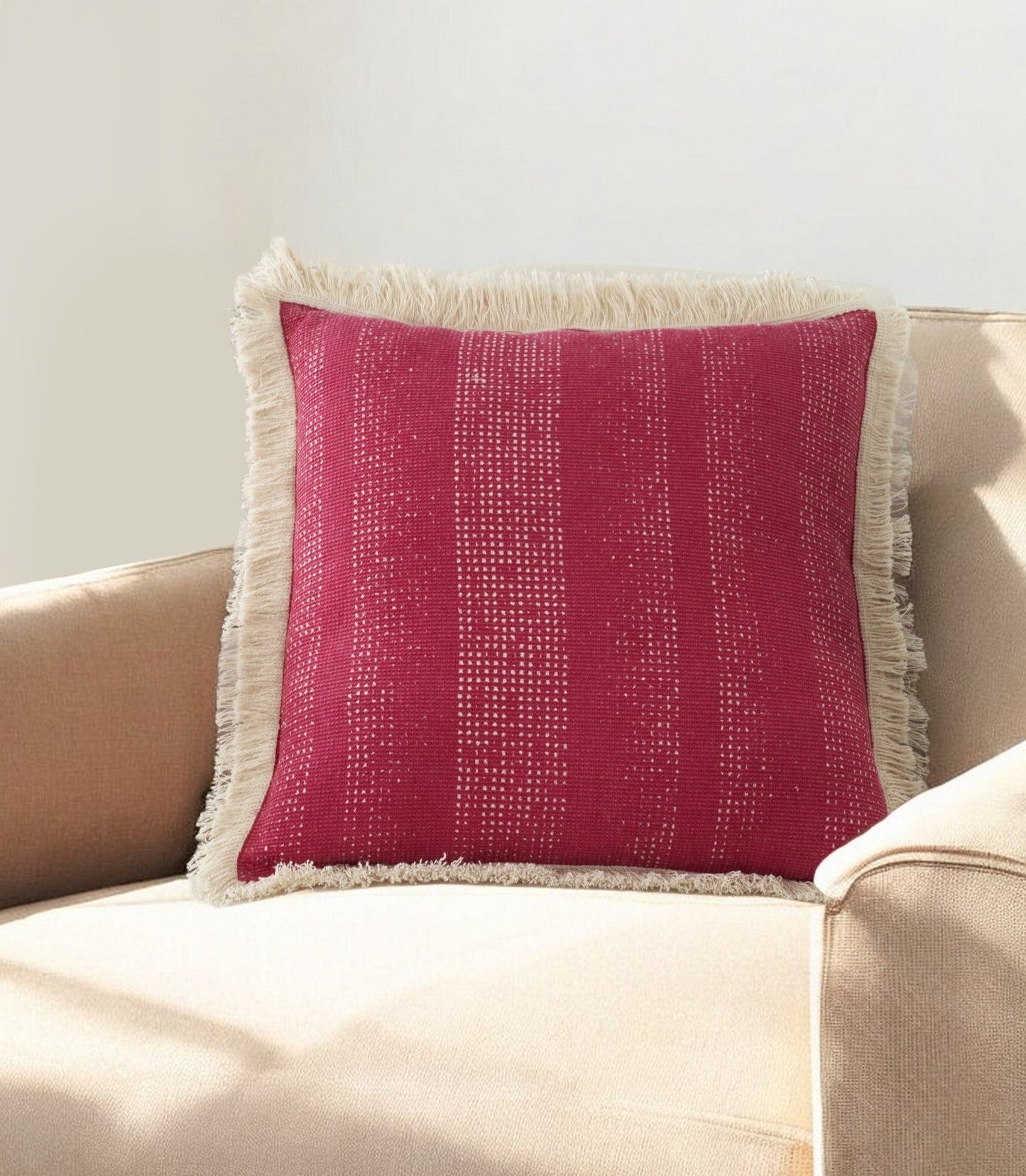 18" Pink and Ivory Striped Cotton Throw Pillow With Fringe