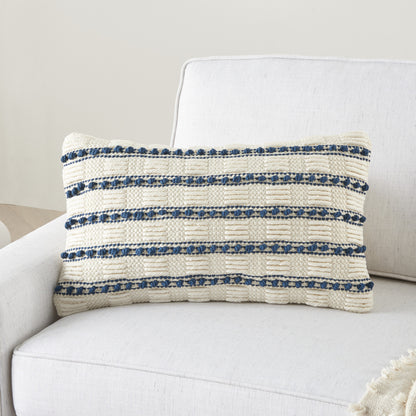 12" X 20" Ivory and Blue Striped Cotton Blend Throw Pillow With Texture