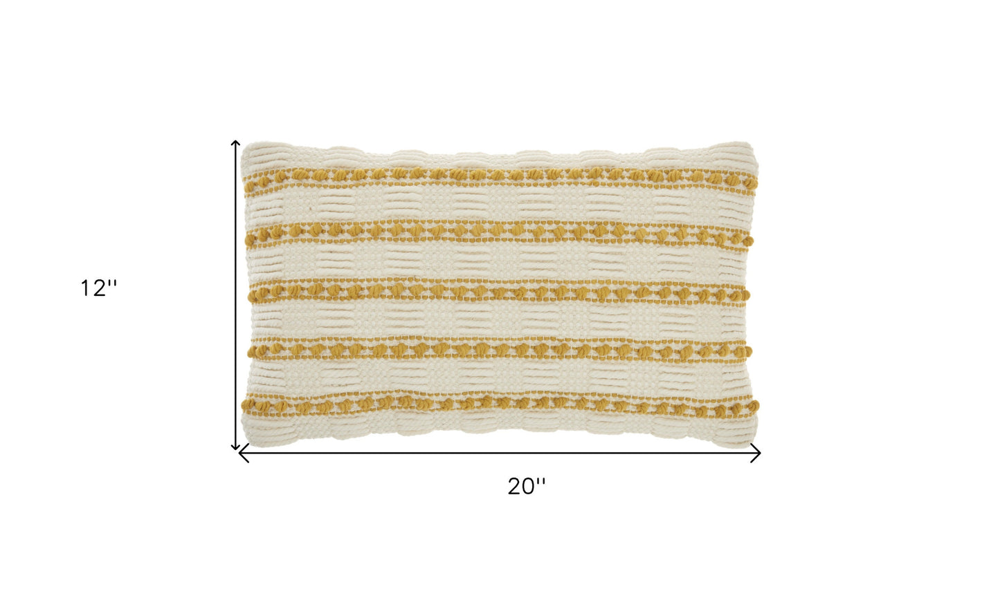 12" X 20" Yellow and Ivory Striped Cotton Blend Throw Pillow With Texture