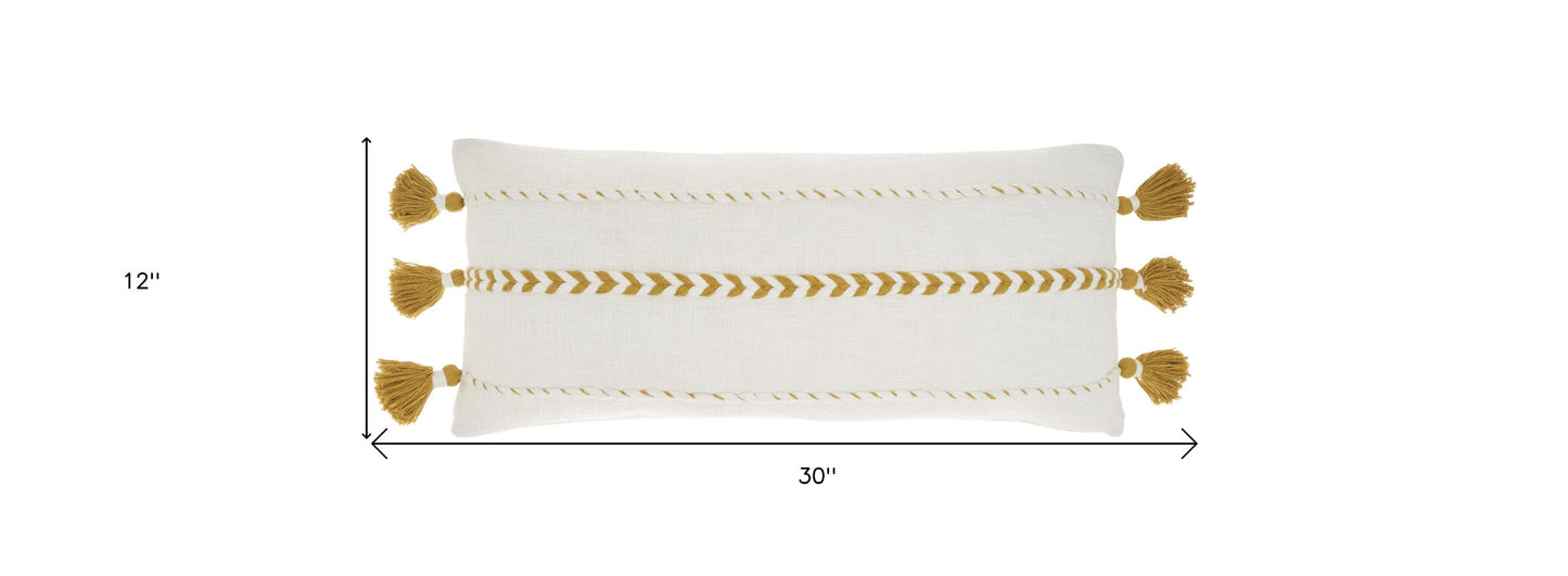 12" X 30" Yellow and White Striped Cotton Throw Pillow With Tassels