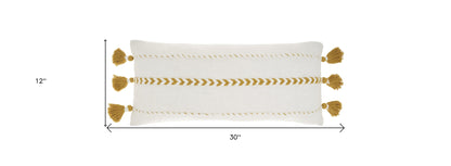 12" X 30" Yellow and White Striped Cotton Throw Pillow With Tassels