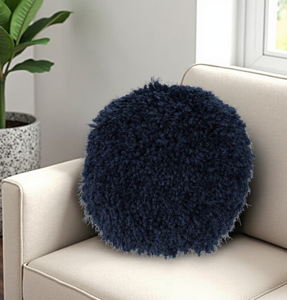 14" X 14" Navy Blue Round Shag Throw Pillow