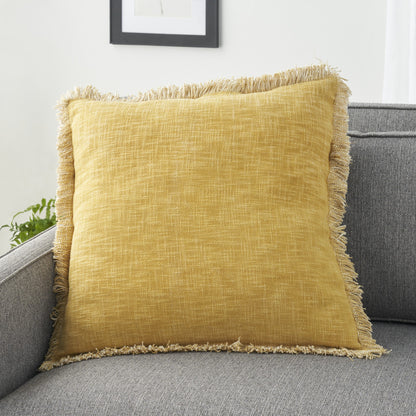 22" Yellow Cotton Throw Pillow With Fringe