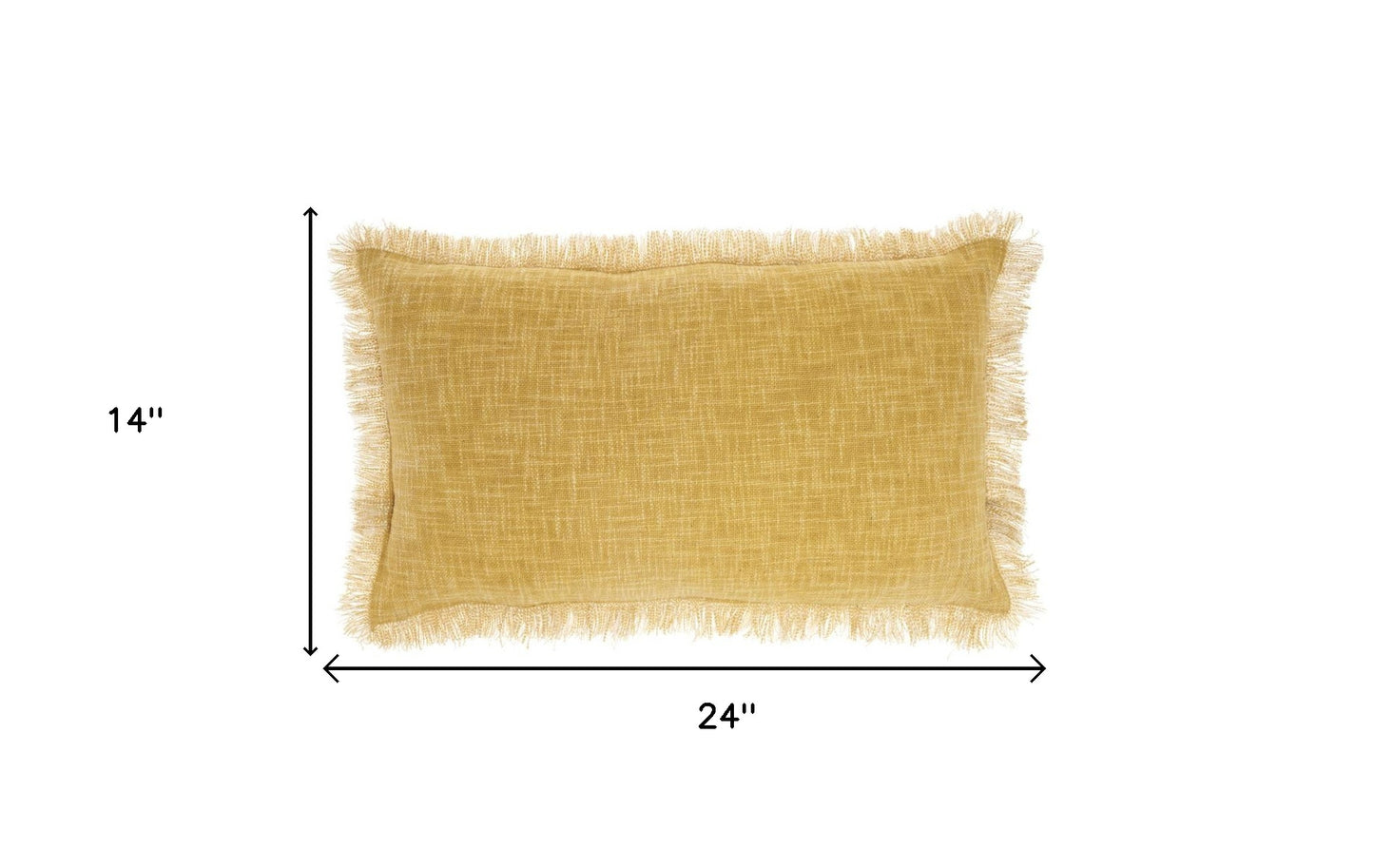 24" X 14" Yellow Linen Cotton Zippered Pillow With Fringe