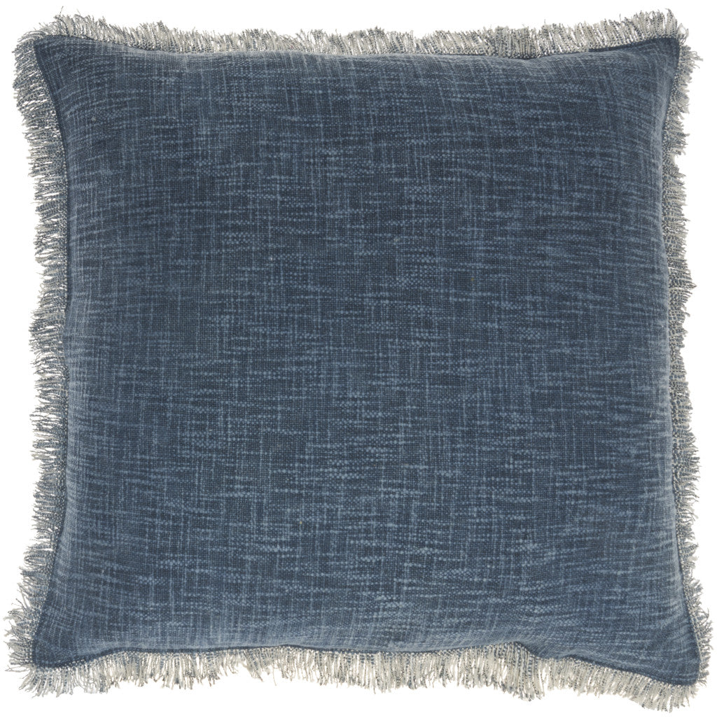 22" Navy Blue Cotton Throw Pillow With Fringe