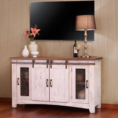 60" White Solid Wood Cabinet Enclosed Storage Distressed TV Stand