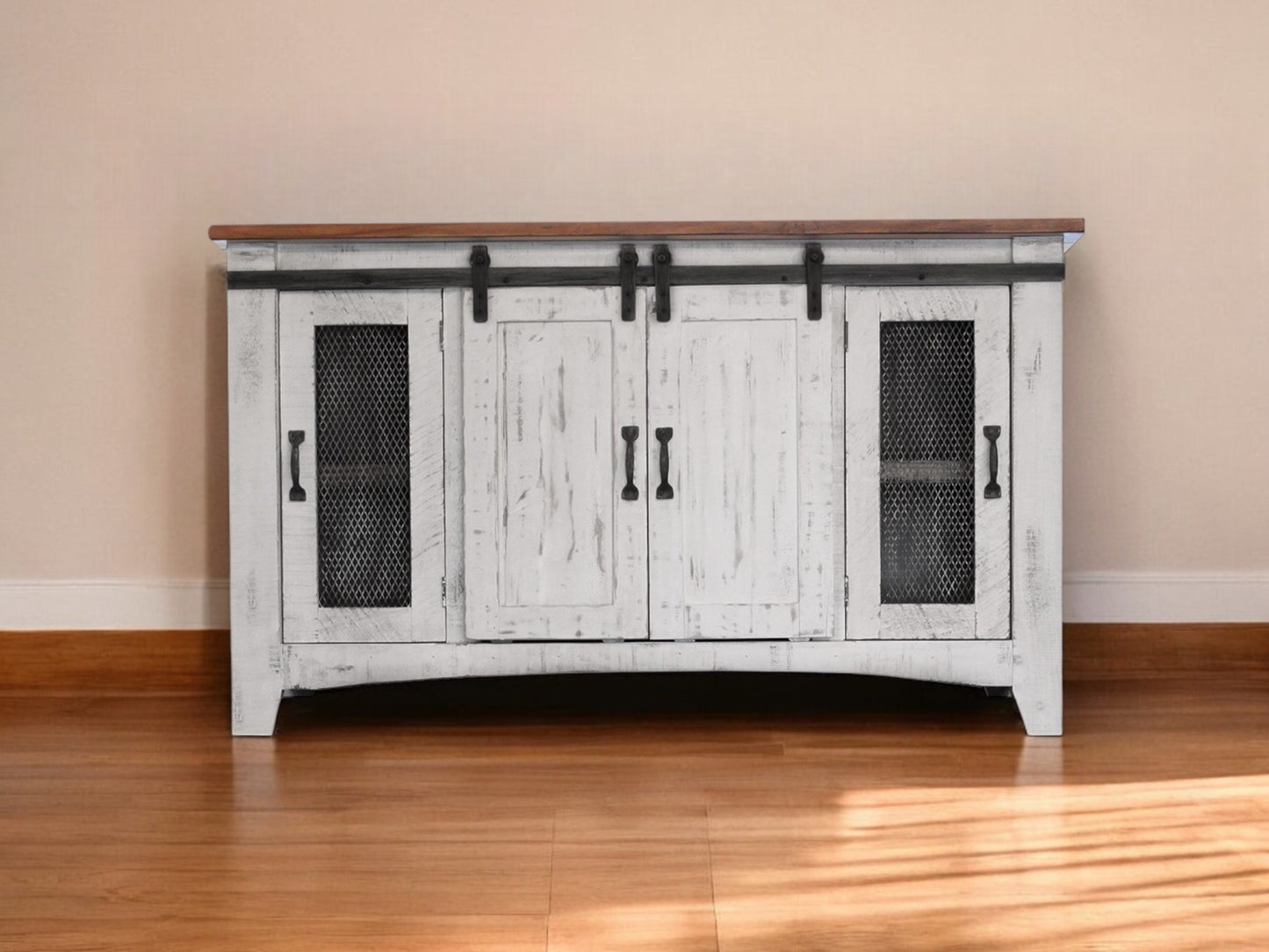 60" White Solid Wood Cabinet Enclosed Storage Distressed TV Stand