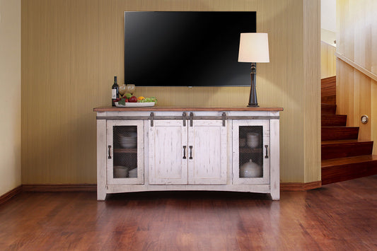 70" White Solid Wood Cabinet Enclosed Storage Distressed TV Stand