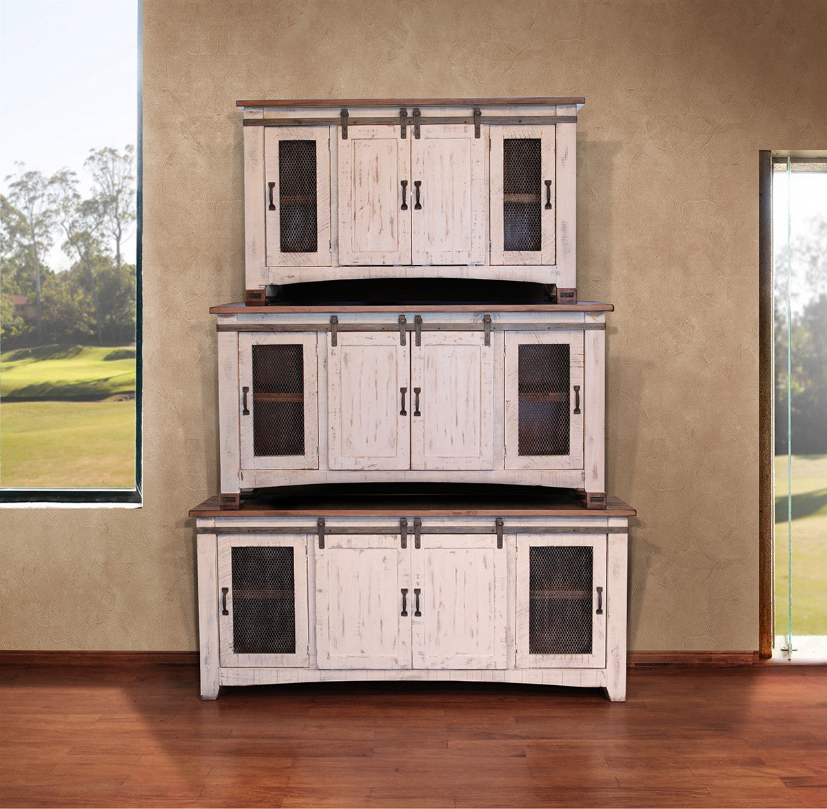 70" White Solid Wood Cabinet Enclosed Storage Distressed TV Stand