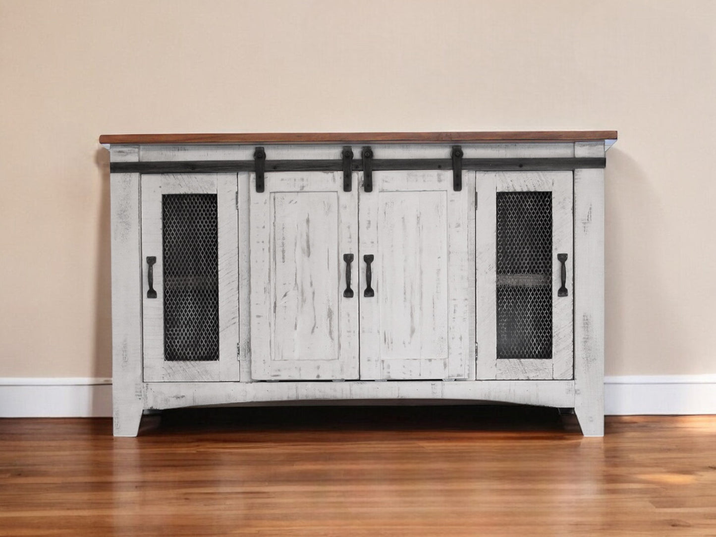 70" White Solid Wood Cabinet Enclosed Storage Distressed TV Stand