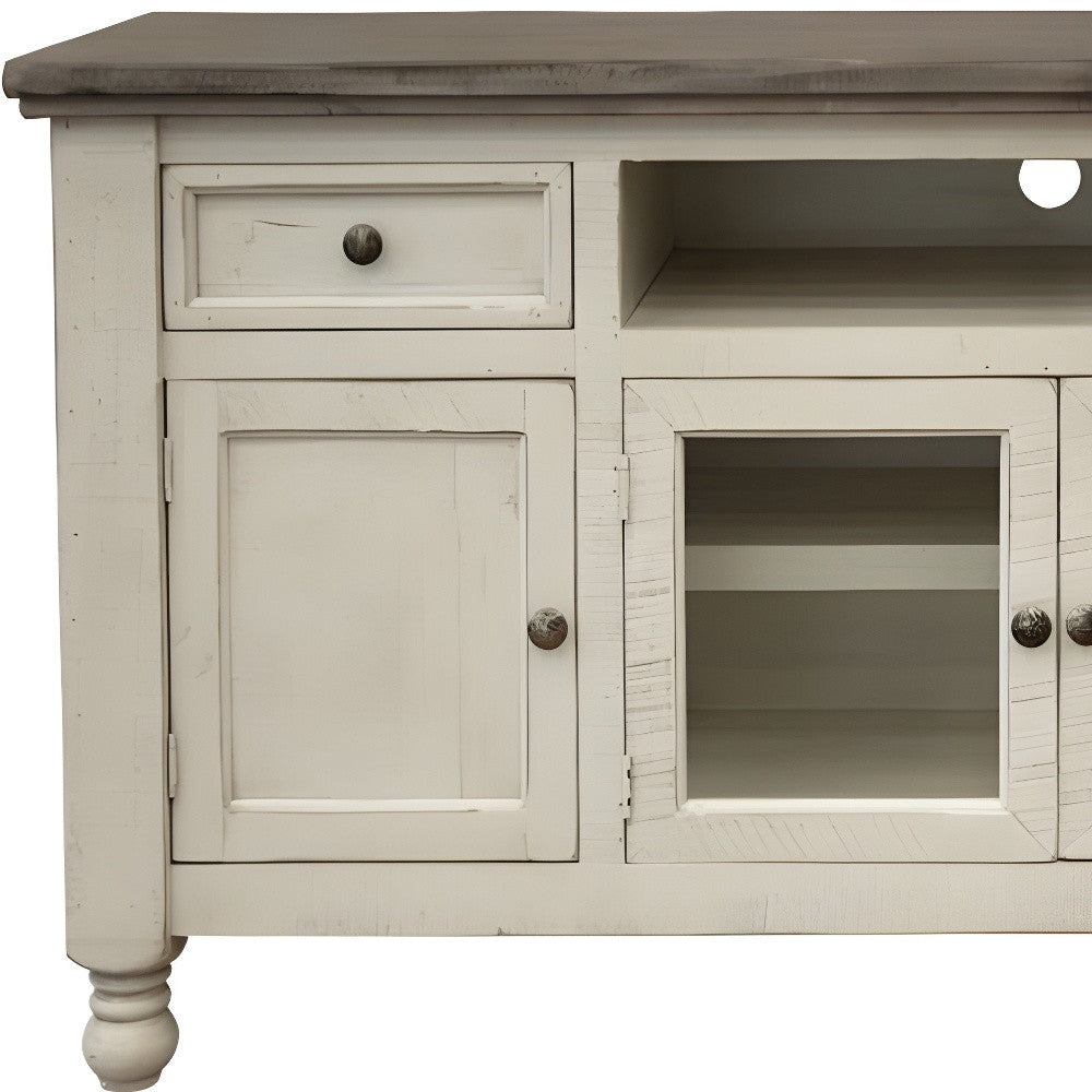 60" Ivory Solid Wood Open shelving Distressed TV Stand