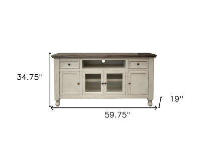 60" Ivory Solid Wood Open shelving Distressed TV Stand