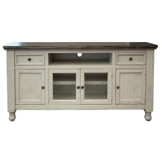 70" Ivory Solid Wood Enclosed Storage Distressed TV Stand