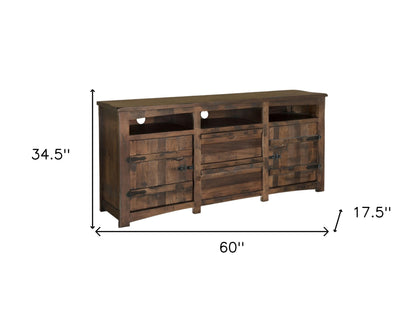 60" Brown Solid Wood Cabinet Enclosed Storage Distressed TV Stand