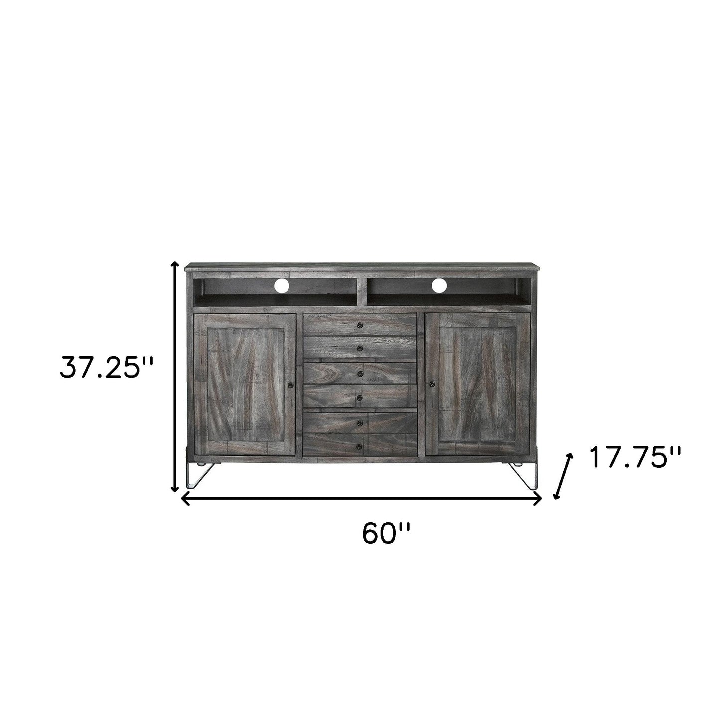 60" Gray Solid Wood Cabinet Enclosed Storage Distressed TV Stand