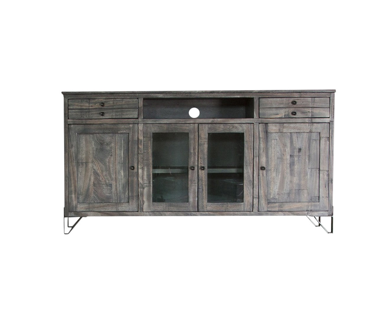 70" Gray Solid Wood Cabinet Enclosed Storage Distressed TV Stand