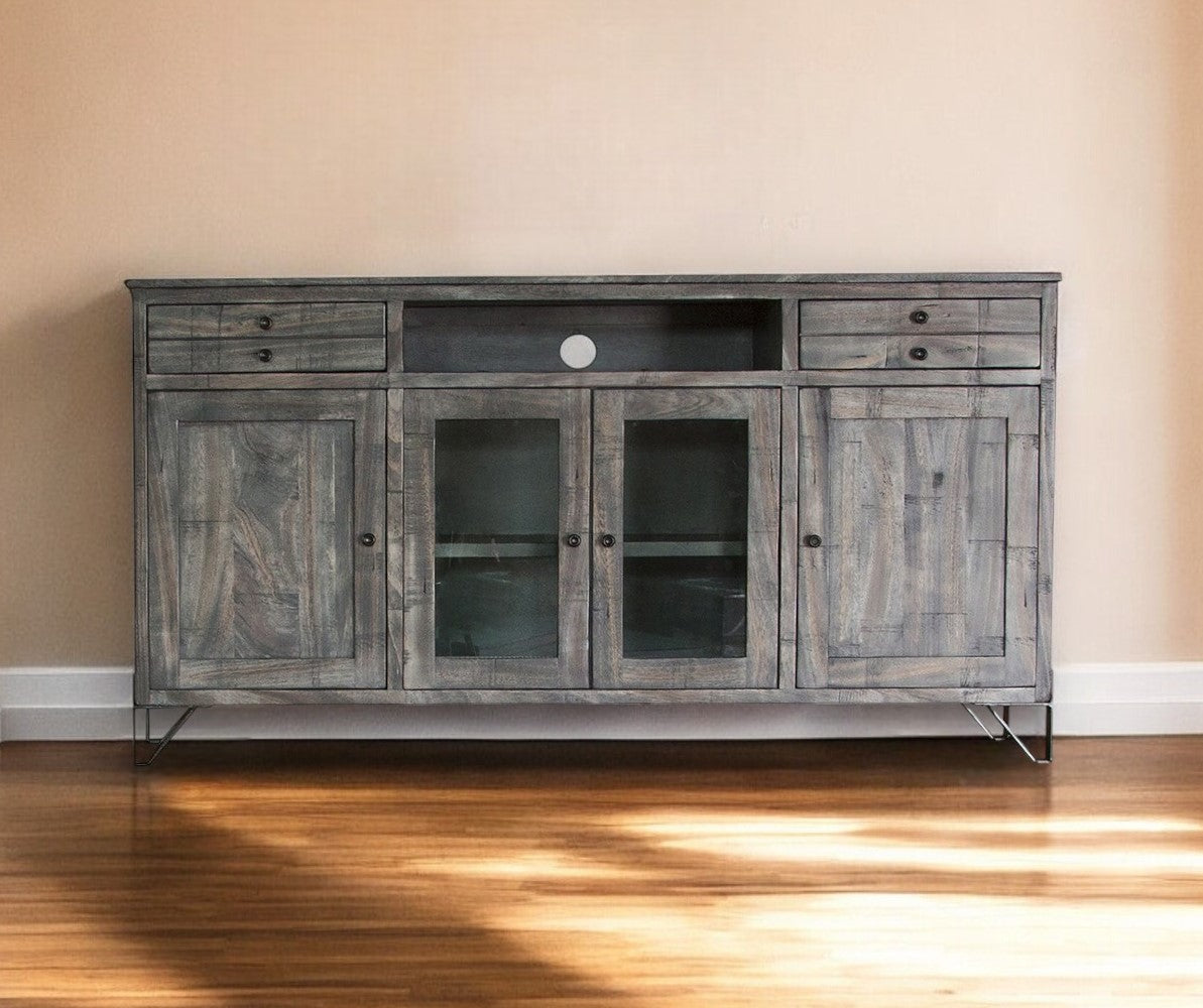 70" Gray Solid Wood Cabinet Enclosed Storage Distressed TV Stand