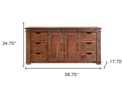 60" Brown Solid Wood Enclosed Storage Distressed TV Stand