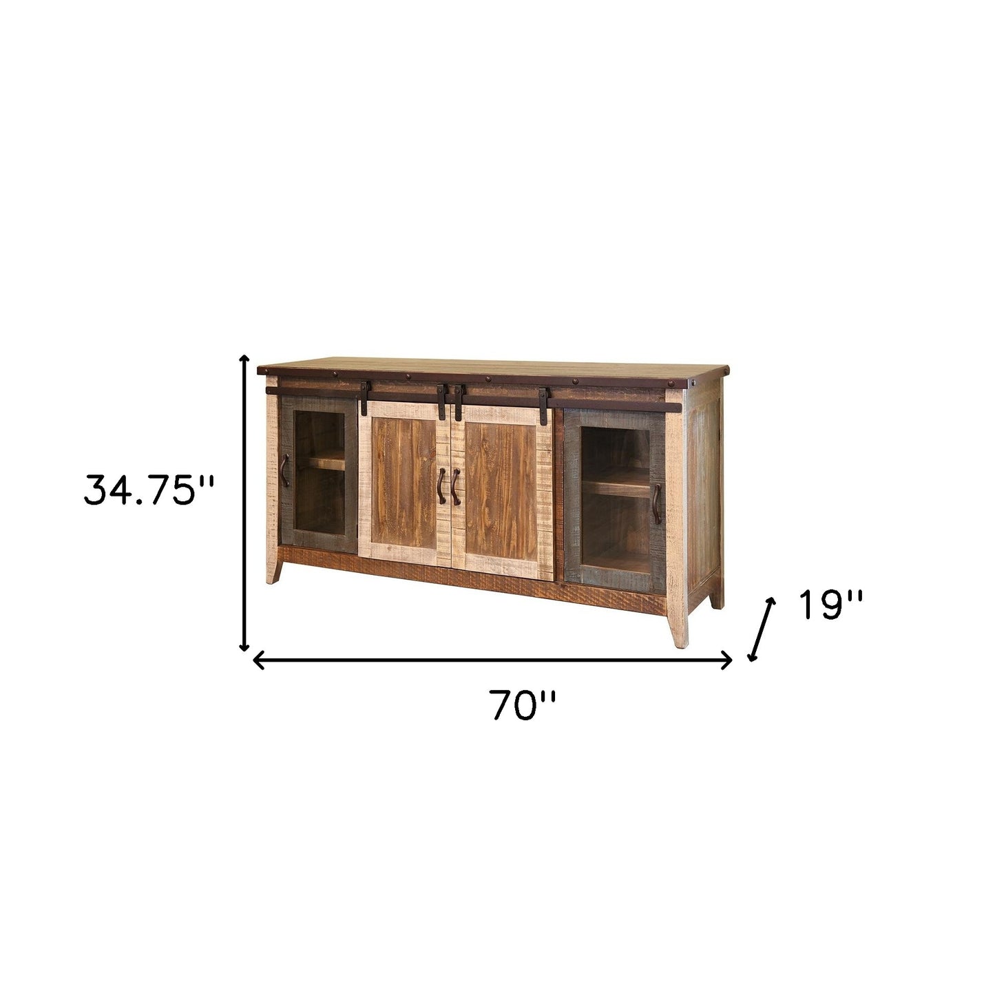 70" Brown Solid Wood Cabinet Enclosed Storage Distressed TV Stand