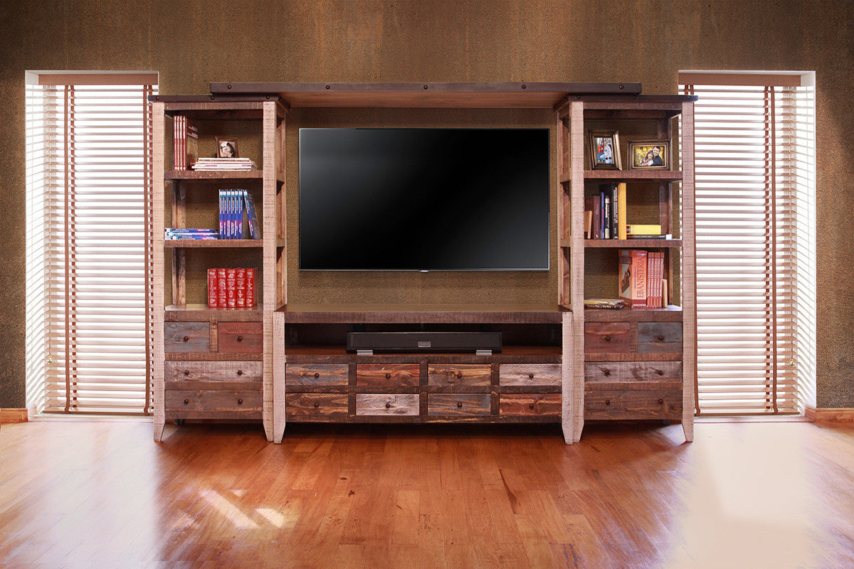 61" Brown Solid Wood Cabinet Enclosed Storage Distressed TV Stand