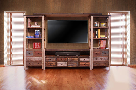 61" Brown Solid Wood Cabinet Enclosed Storage Distressed TV Stand