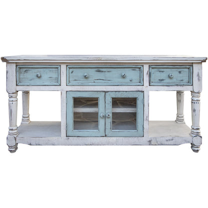 70" Blue and White Solid Wood Open shelving Distressed TV Stand