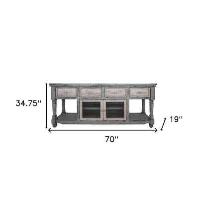 70" Blue and White Solid Wood Open shelving Distressed TV Stand