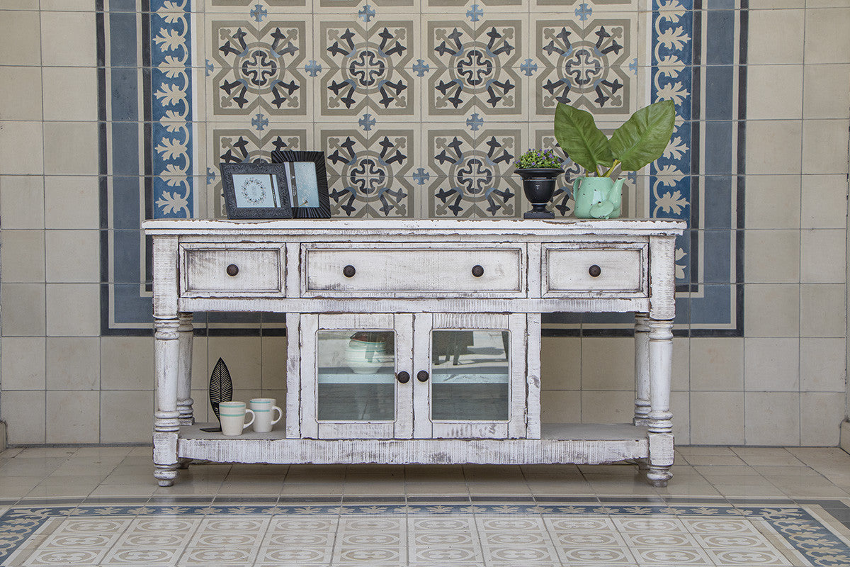 70" White Solid Wood Open shelving Distressed TV Stand