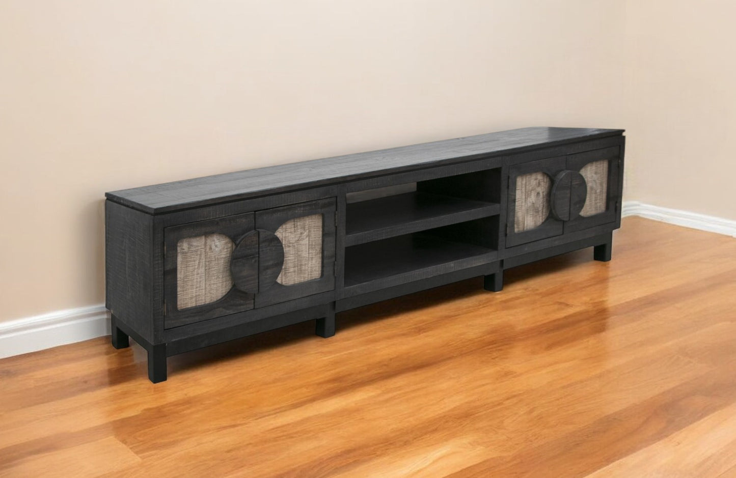 93" Black Solid Wood Cabinet Enclosed Storage Distressed TV Stand