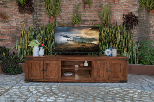 93" Brown Solid Wood Cabinet Enclosed Storage Distressed TV Stand